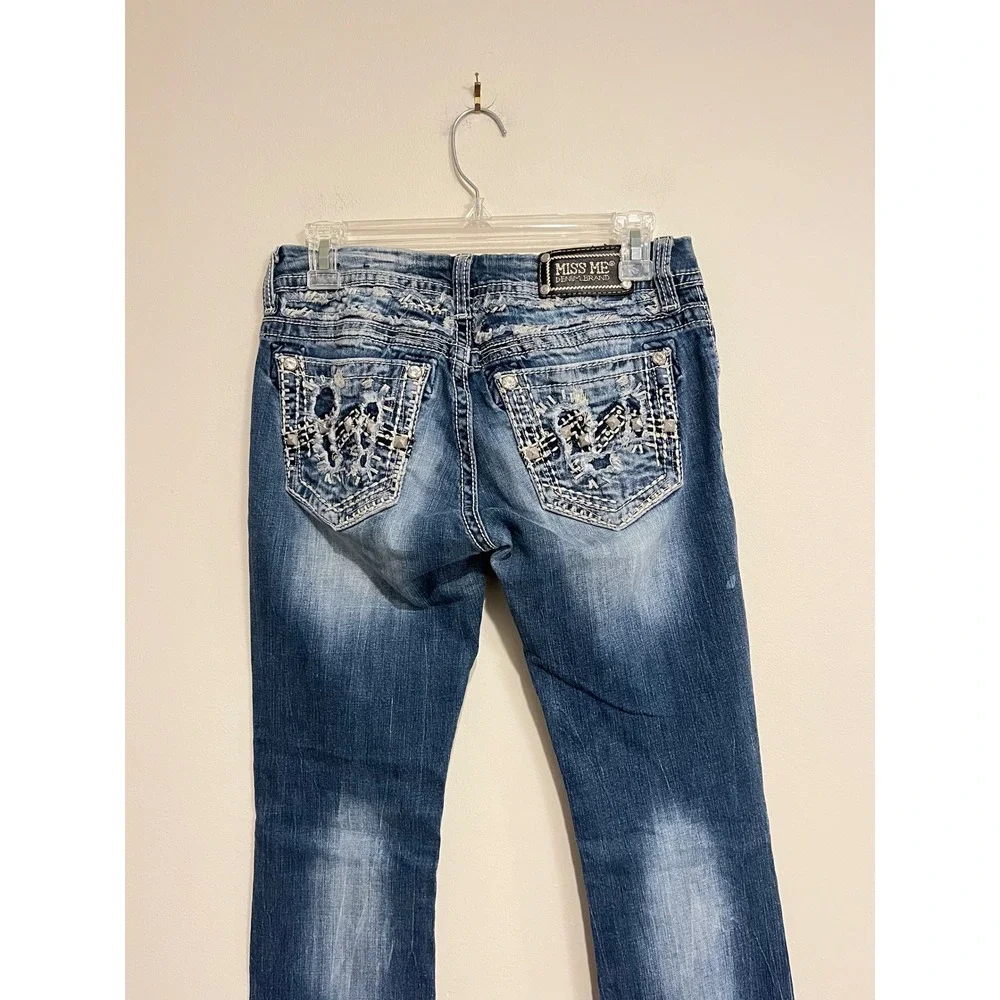 Miss Me Jeans Y2K Low Rise Boot Cut Embellished Rhinestones Thick Stitch Size 28